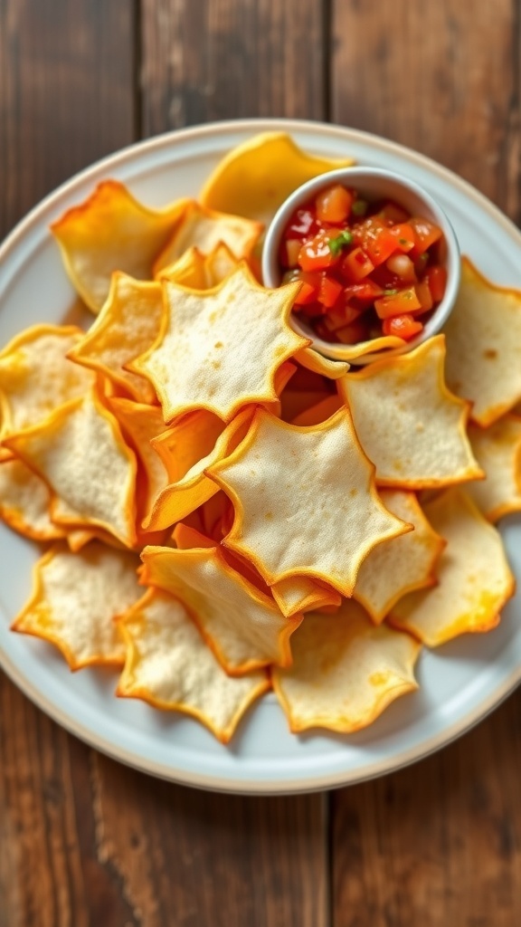 Crispy Jicama Chips Recipe A plate of crispy jicama chips with a bowl of salsa on a wooden table.